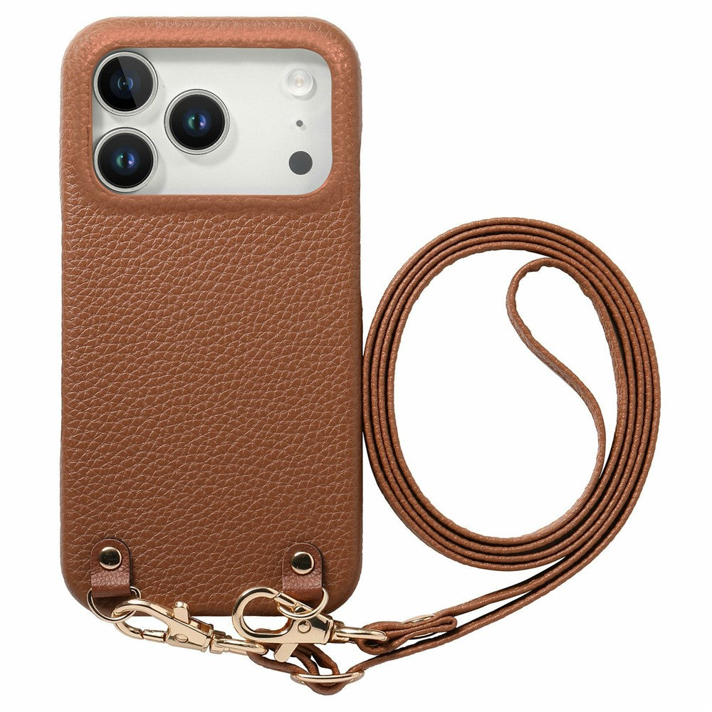 For iPhone 18 Pro / 17 Pro Litchi Pattern Case with Lanyard Shockproof PC PU Leather Cover