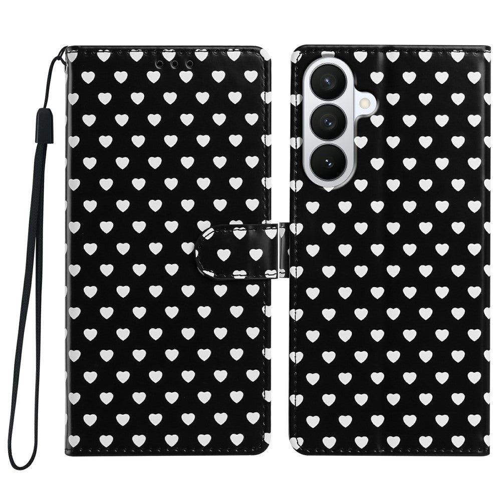 For Samsung Galaxy S26+ Case Heart Pattern PU Leather Flip Wallet Stand Phone Cover with Wrist Strap