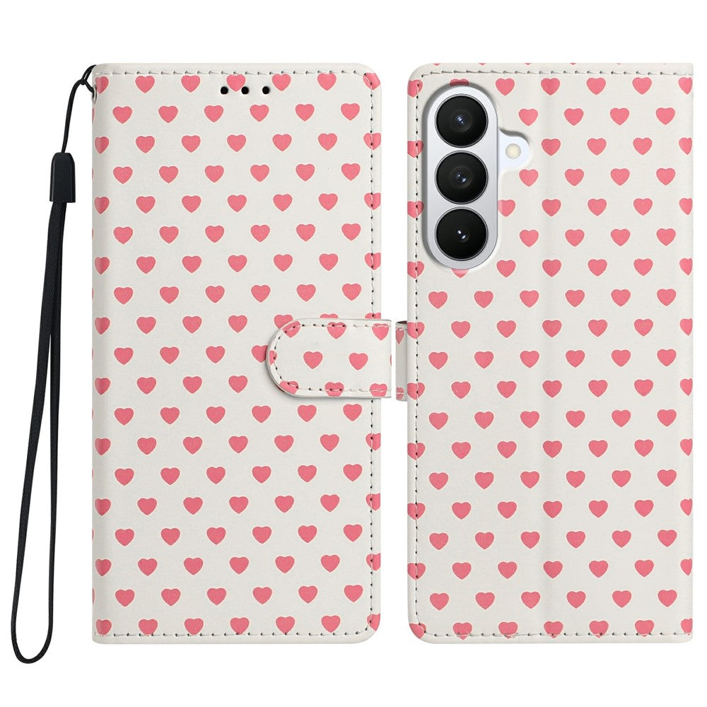 For Samsung Galaxy S26+ Case Heart Pattern PU Leather Flip Wallet Stand Phone Cover with Wrist Strap