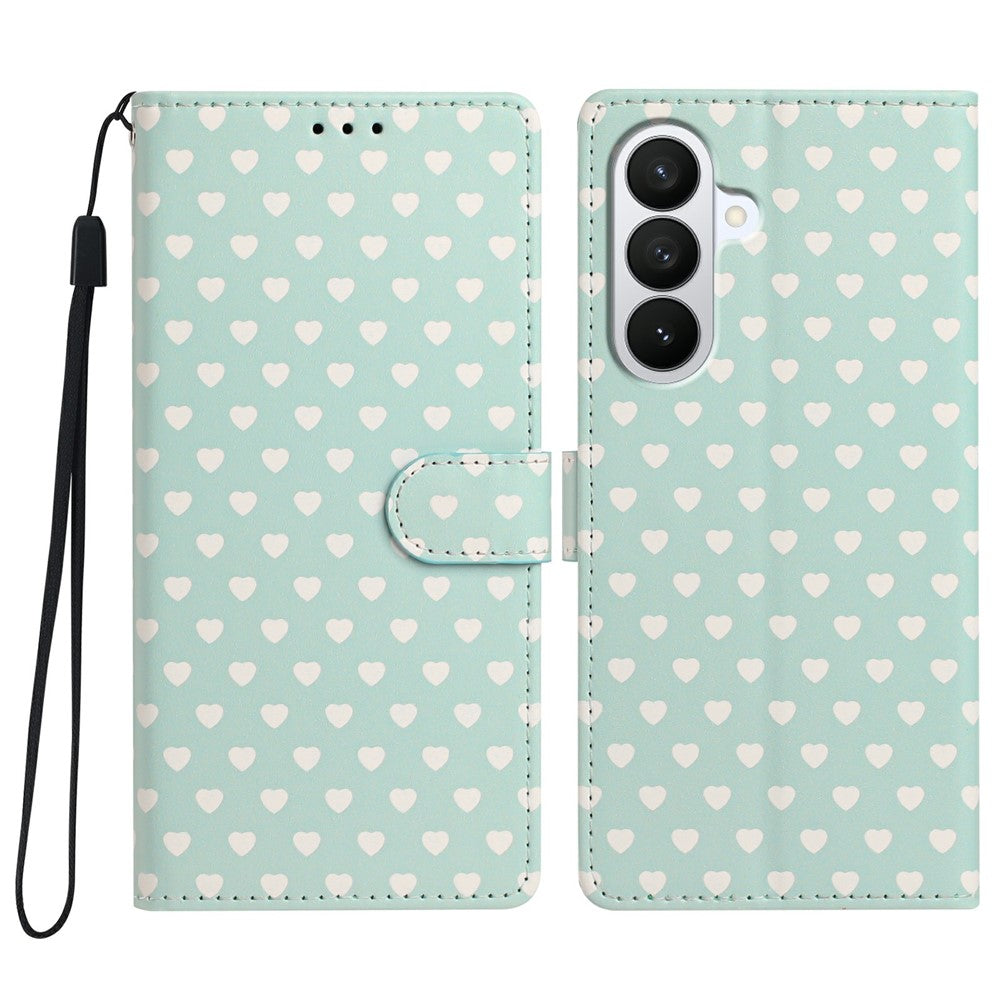 For Samsung Galaxy S26+ Case Heart Pattern PU Leather Flip Wallet Stand Phone Cover with Wrist Strap