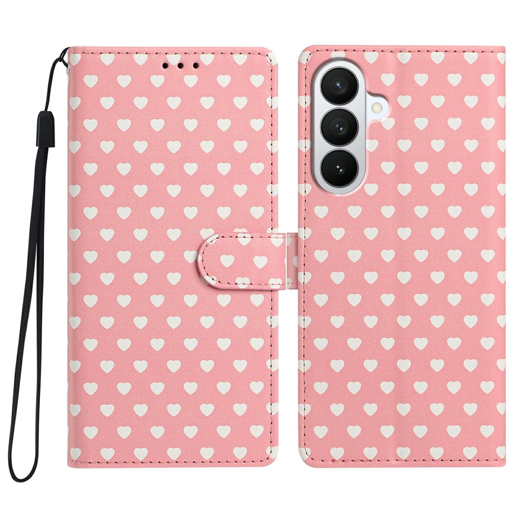 For Samsung Galaxy S26+ Case Heart Pattern PU Leather Flip Wallet Stand Phone Cover with Wrist Strap