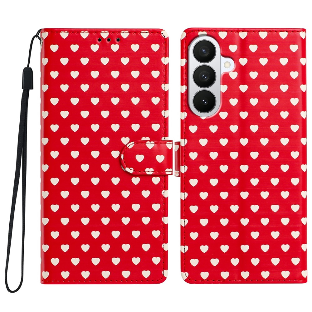 Til Samsung Galaxy S26 FE Cover Hjerte Mønster PU Læder Flip Tegnebog Stander Telefon Cover med Håndledsrem