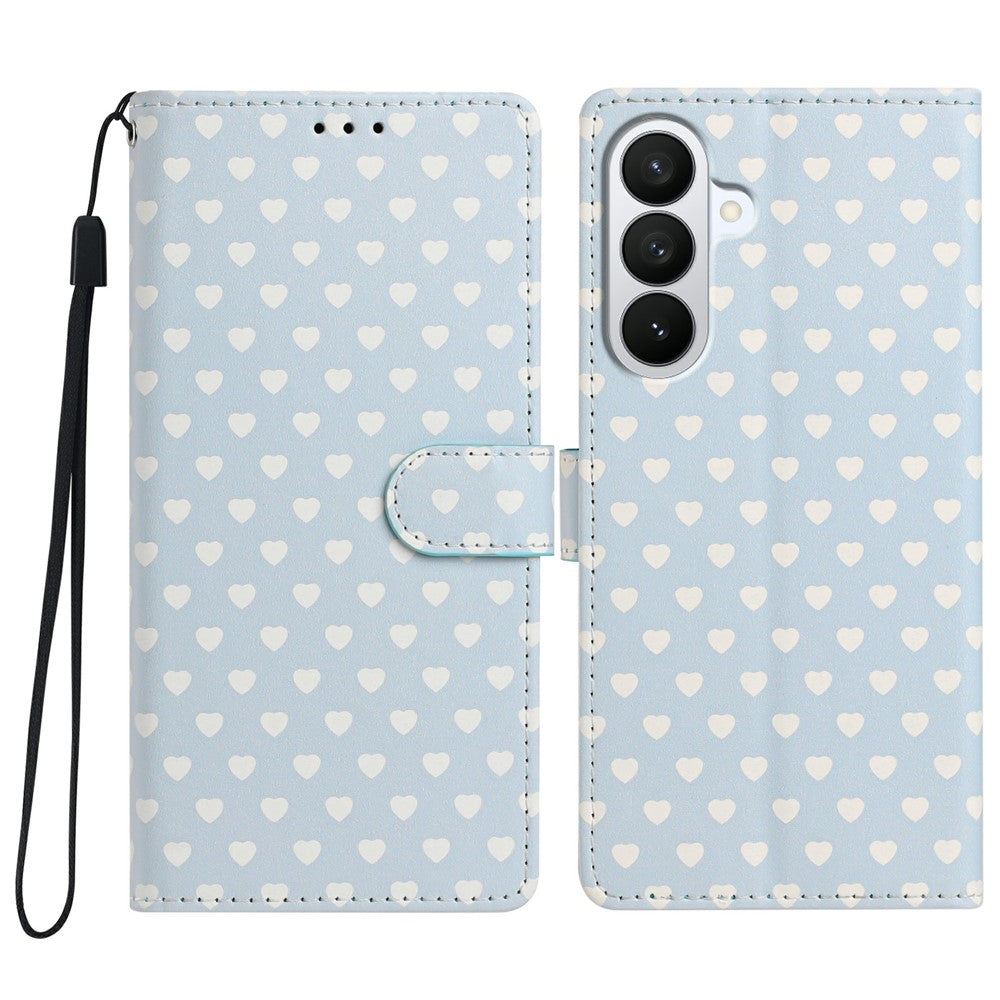 Til Samsung Galaxy S26 FE Cover Hjerte Mønster PU Læder Flip Tegnebog Stander Telefon Cover med Håndledsrem