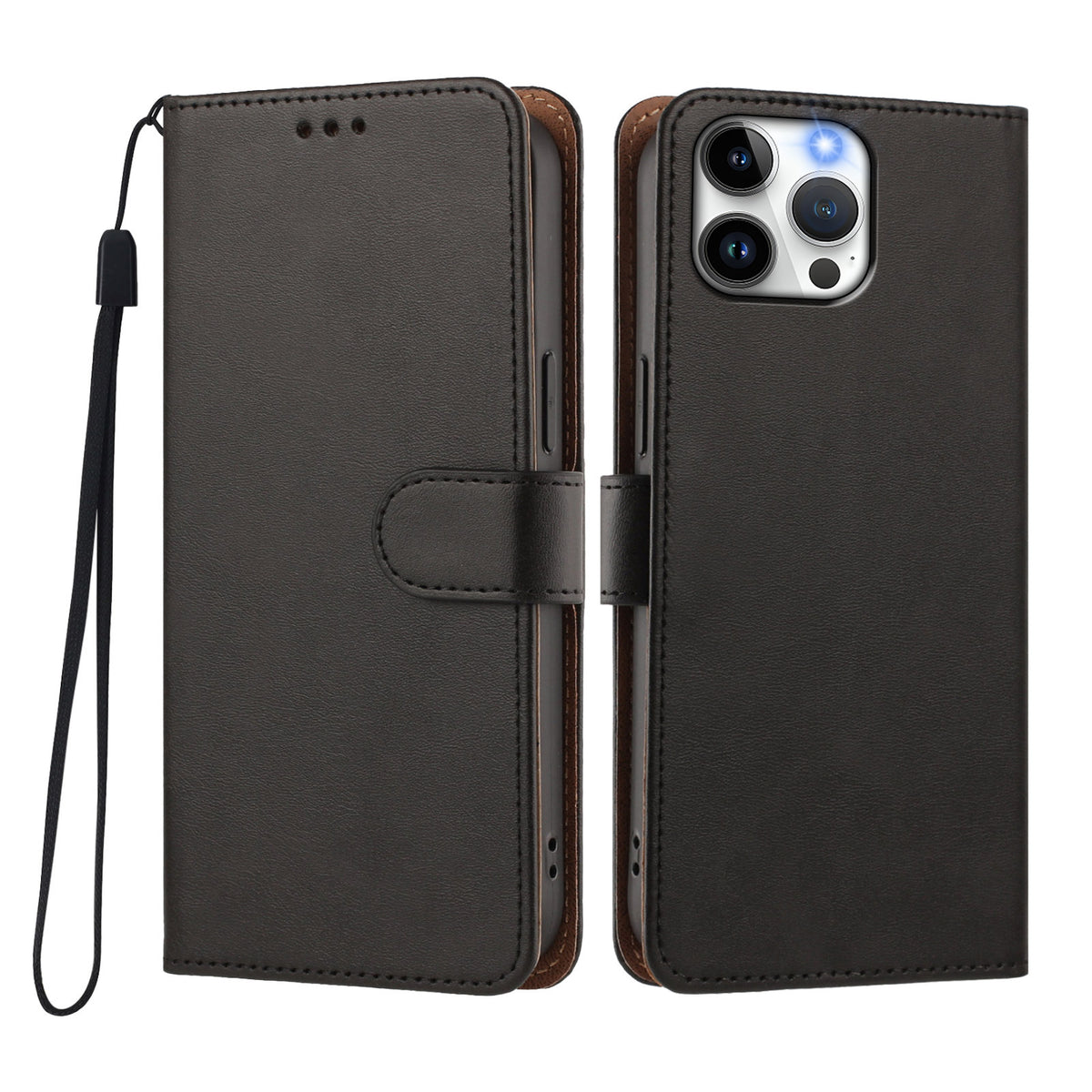 For iPhone 15 Pro Max Case Wallet Flip Stand PU Leather Phone Cover with Wrist Strap