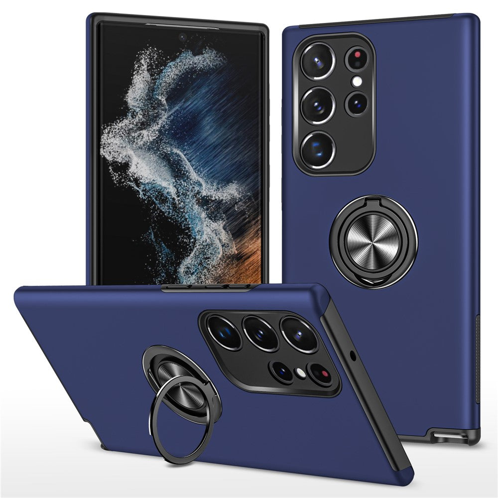 For Samsung Galaxy S23 Ultra Rotation Ring Kickstand Anti-fall Case Hard PC+Soft TPU Dual Layer Protection Phone Cover