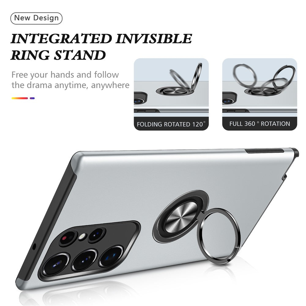 For Samsung Galaxy S23 Ultra Rotation Ring Kickstand Anti-fall Case Hard PC+Soft TPU Dual Layer Protection Phone Cover