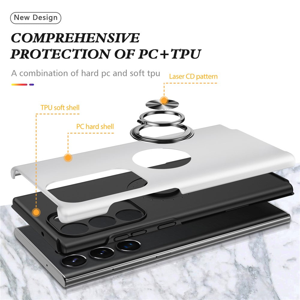 For Samsung Galaxy S23 Ultra Rotation Ring Kickstand Anti-fall Case Hard PC+Soft TPU Dual Layer Protection Phone Cover