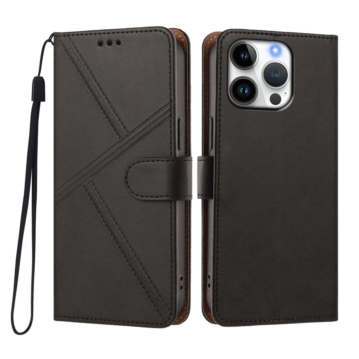 For iPhone 16 Pro Case Diamond Stitch PU Leather Wallet Flip Phone Cover with Wrist Strap