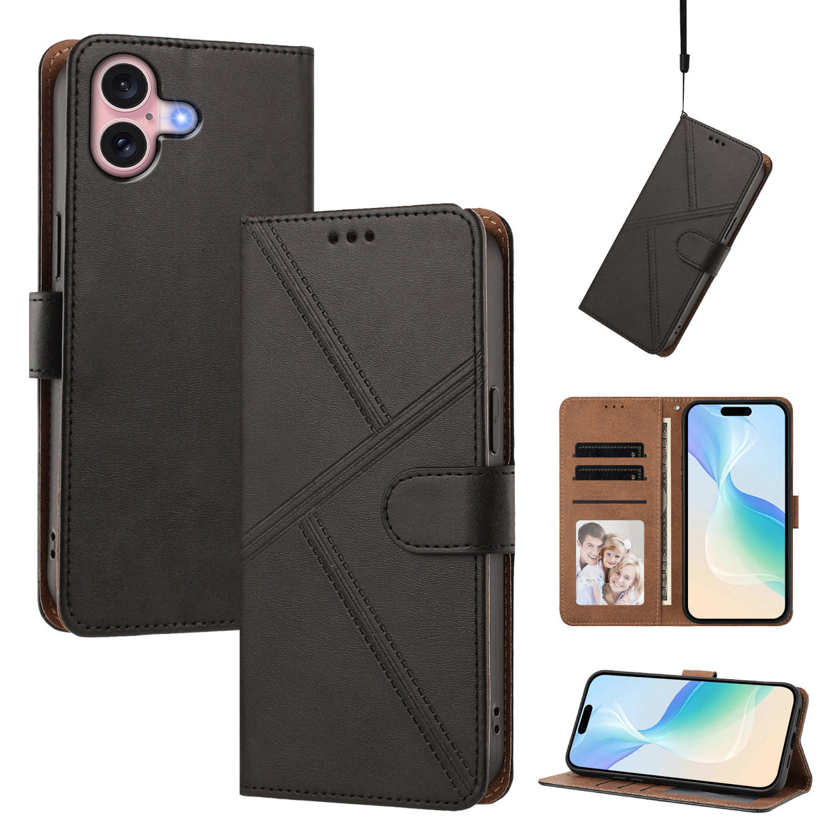 For iPhone 16 Case Diamond Stitch PU Leather Wallet Flip Phone Cover with Wrist Strap