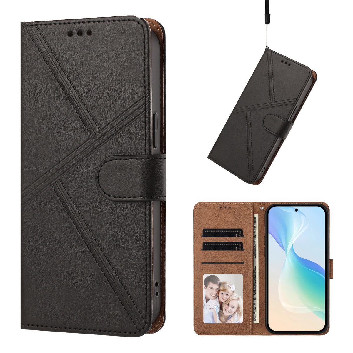 For iPhone 16 Case Diamond Stitch PU Leather Wallet Flip Phone Cover with Wrist Strap