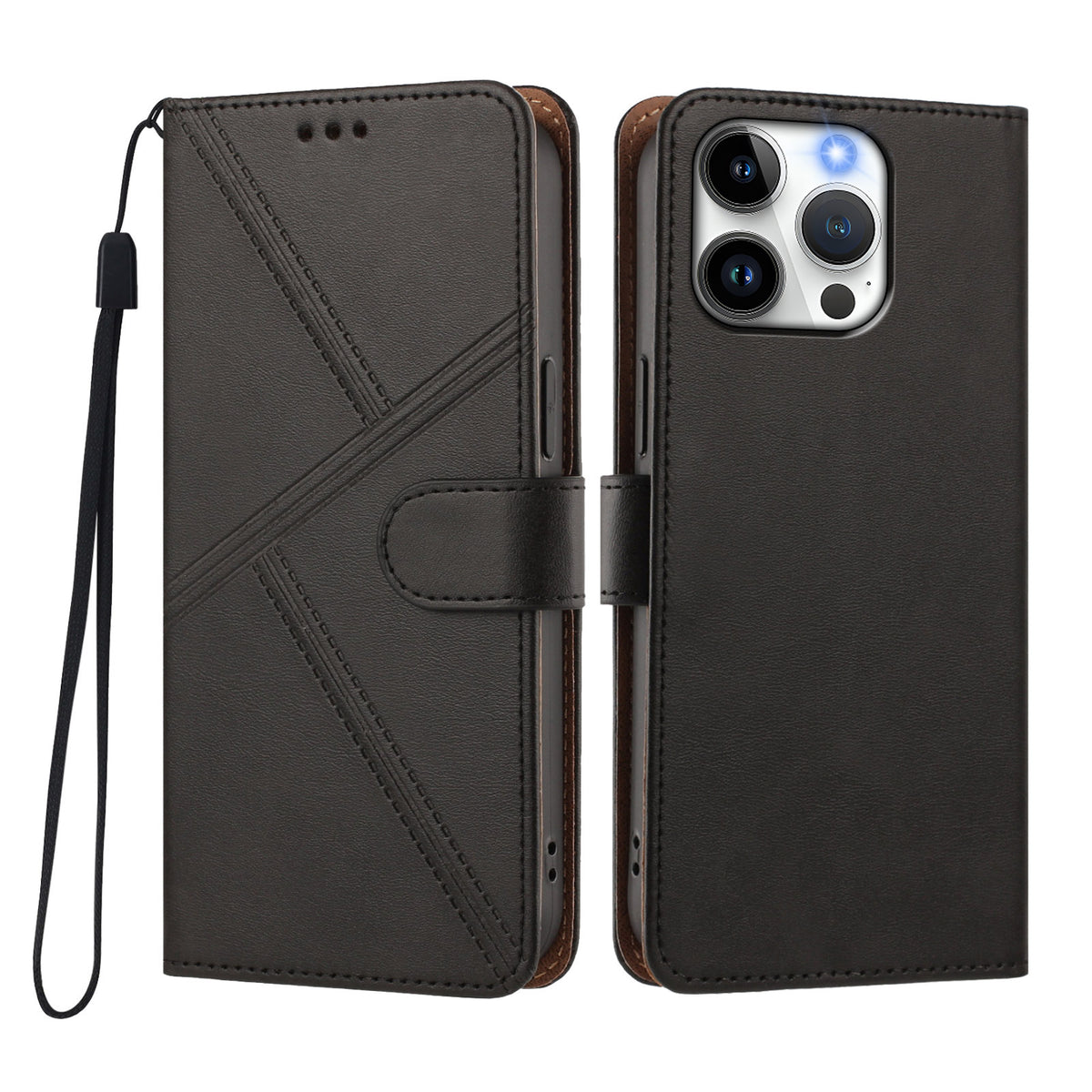 For iPhone 15 Pro Case Diamond Stitch PU Leather Wallet Flip Phone Cover with Wrist Strap