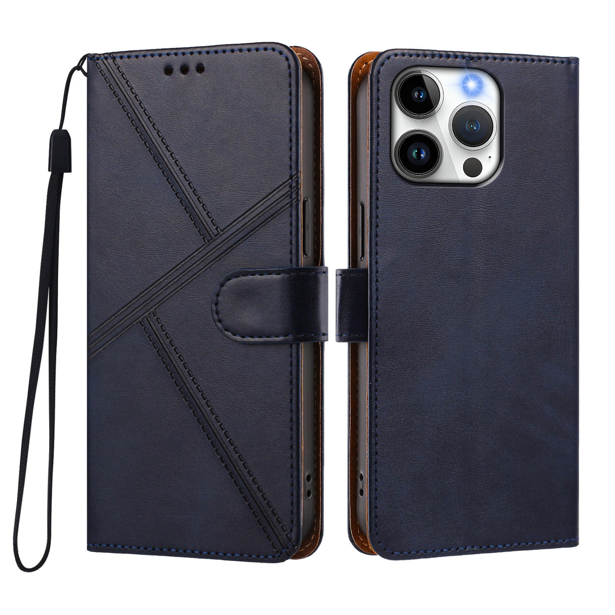 For iPhone 15 Pro Case Diamond Stitch PU Leather Wallet Flip Phone Cover with Wrist Strap