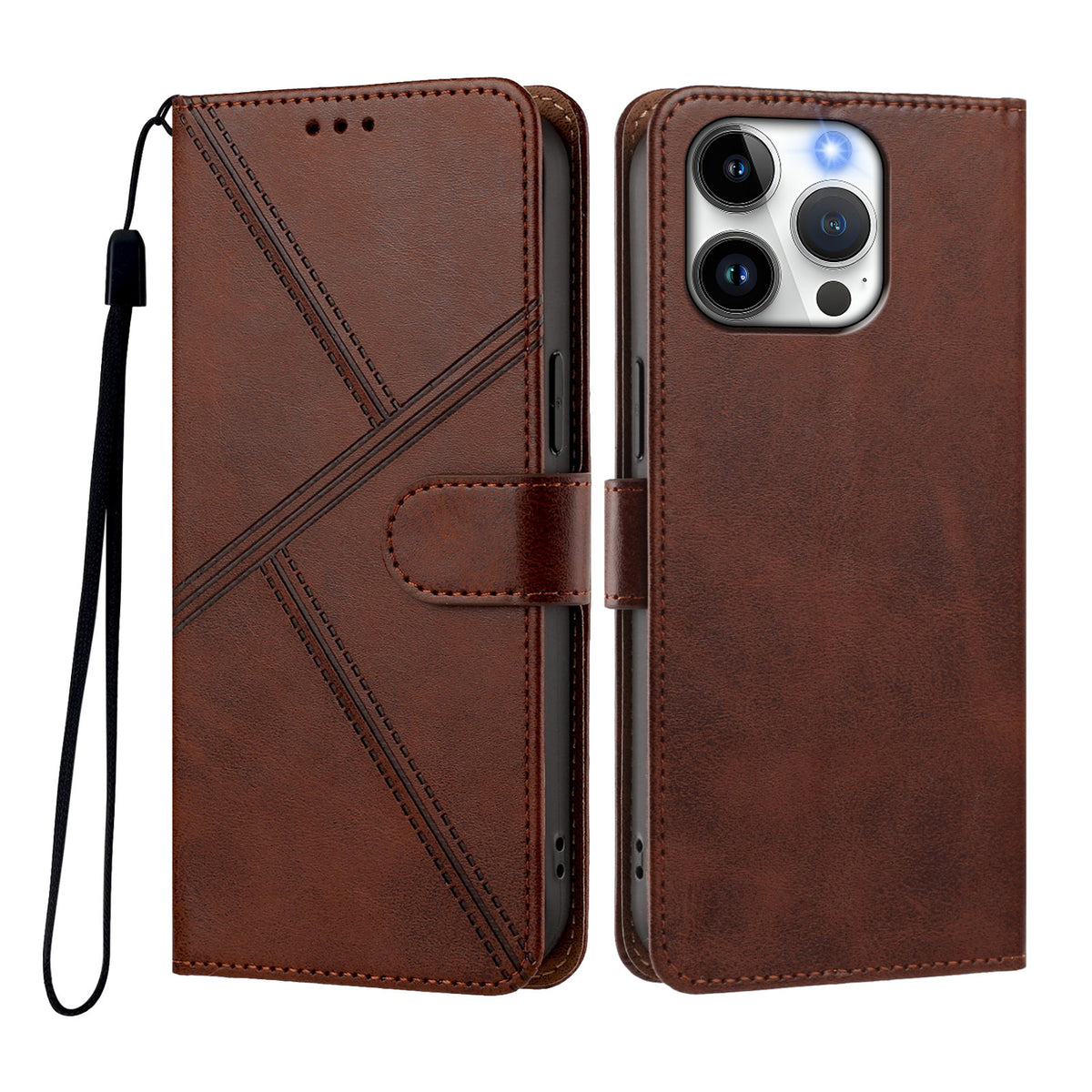 For iPhone 15 Pro Case Diamond Stitch PU Leather Wallet Flip Phone Cover with Wrist Strap