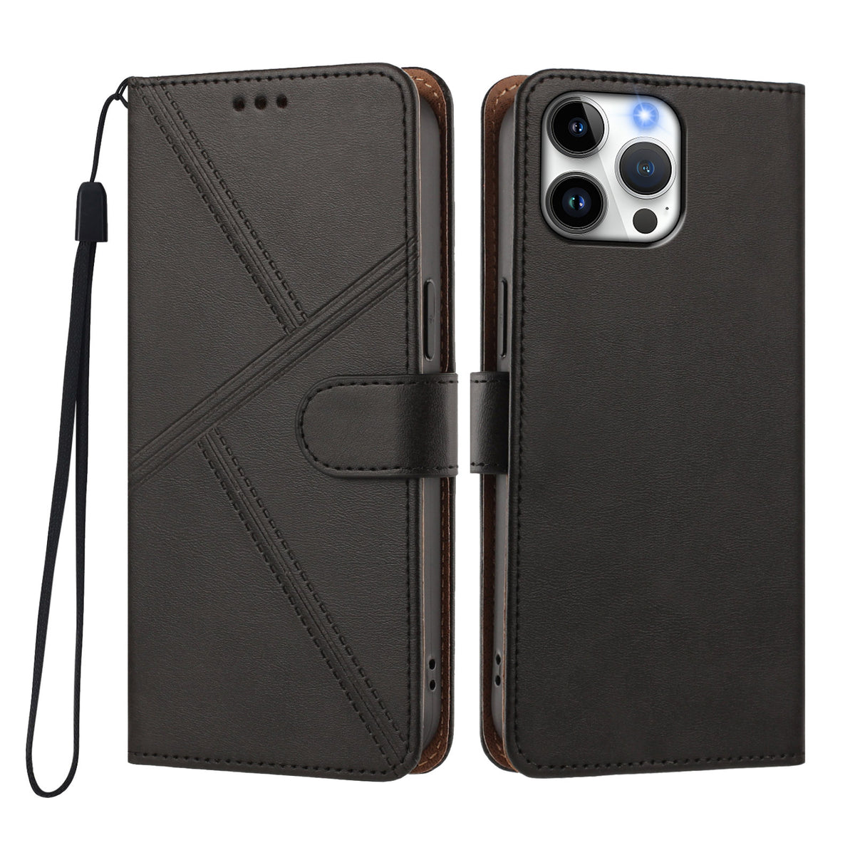 Til iPhone 16 Pro Max Etui Diamantsyet PU-læderpung Flip Telefoncover med Håndrem