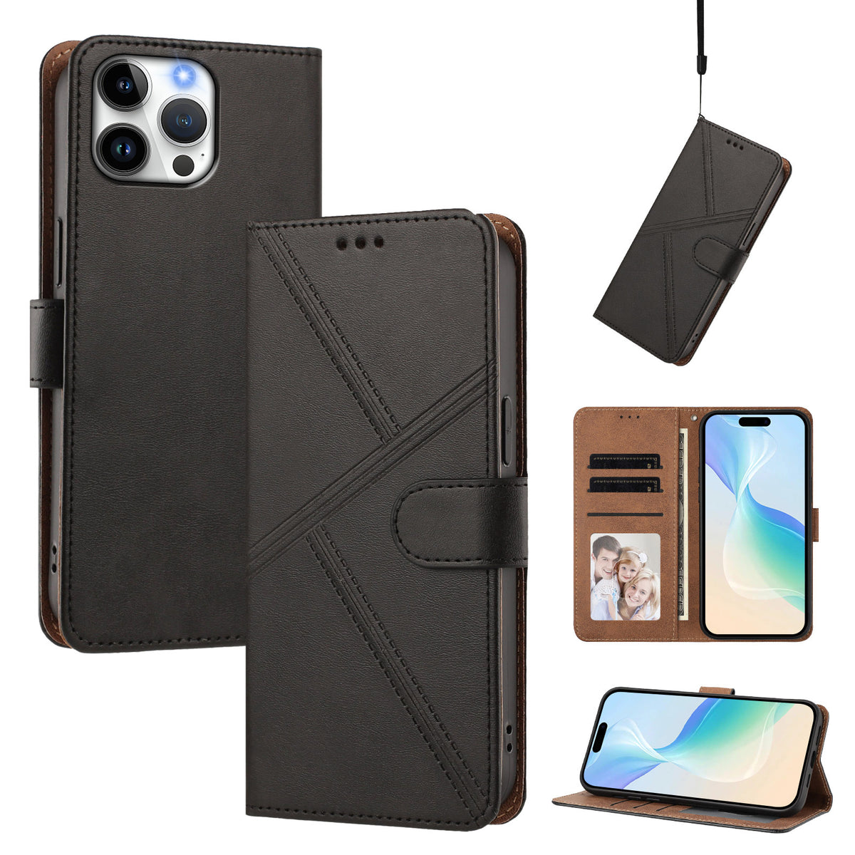 Til iPhone 16 Pro Max Etui Diamantsyet PU-læderpung Flip Telefoncover med Håndrem