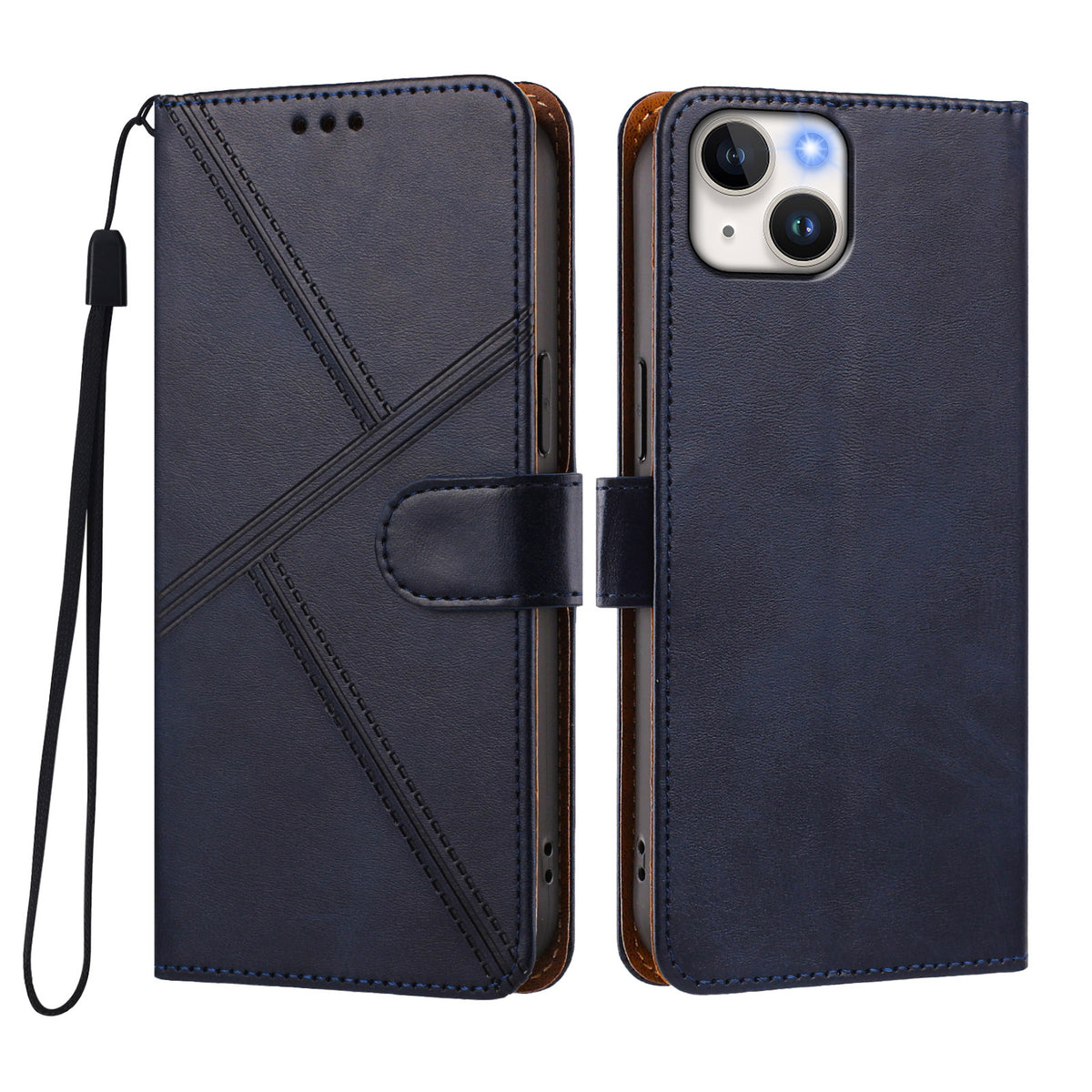 For iPhone 15 Case Diamond Stitch PU Leather Wallet Flip Phone Cover with Wrist Strap