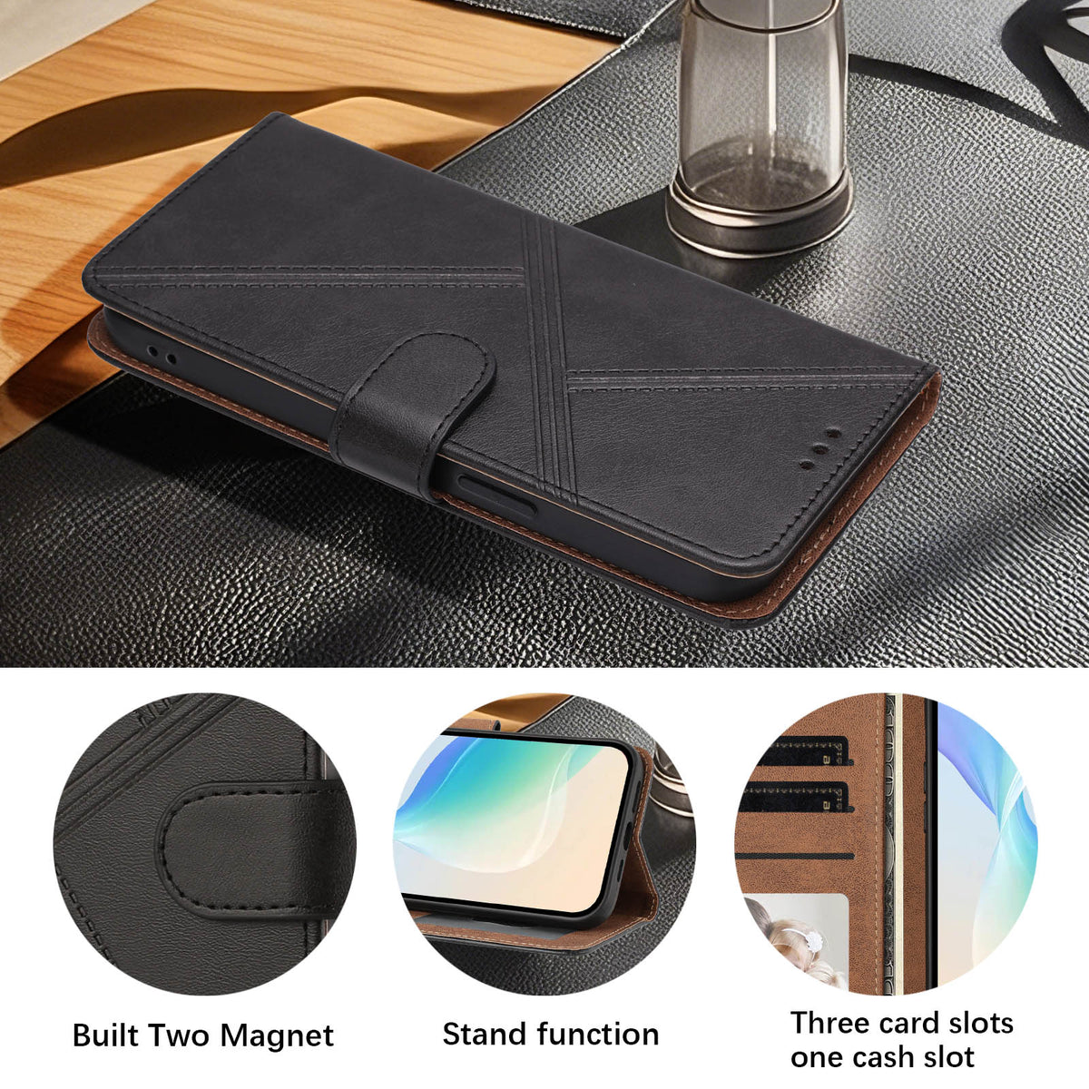 For iPhone 15 Pro Max Case Diamond Stitch PU Leather Wallet Flip Phone Cover with Wrist Strap