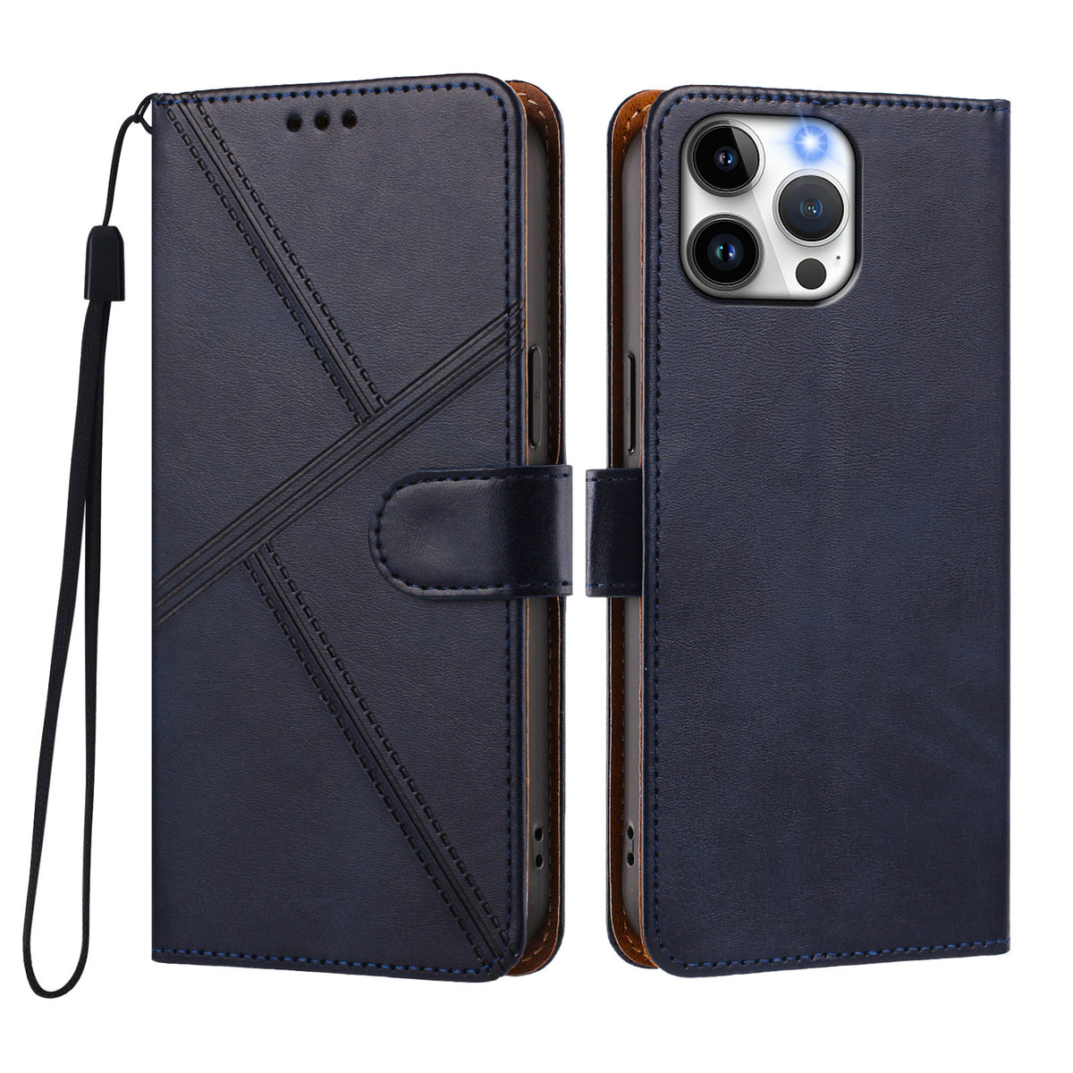 For iPhone 15 Pro Max Case Diamond Stitch PU Leather Wallet Flip Phone Cover with Wrist Strap