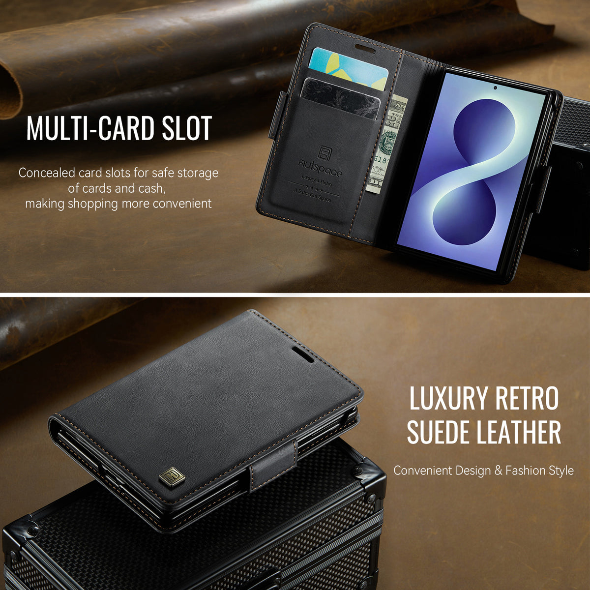 AUTSPACE for Samsung Galaxy Z Fold8 A11 Case RFID Blocking Retro Leather Cell Phone Wallet Cover