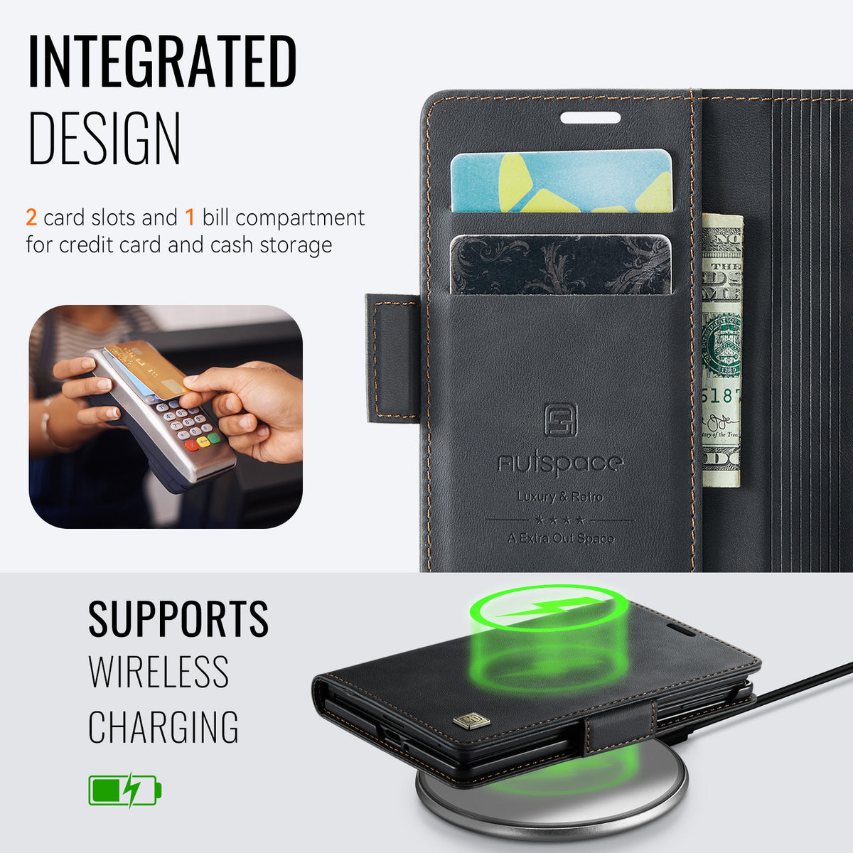 AUTSPACE for Samsung Galaxy Z Fold8 A11 Case RFID Blocking Retro Leather Cell Phone Wallet Cover