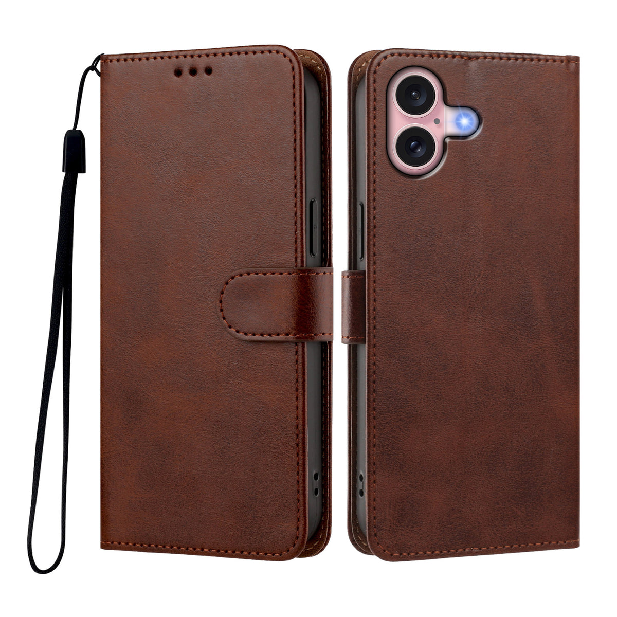 For iPhone 16 Case Wallet Flip Stand PU Leather Phone Cover with Wrist Strap