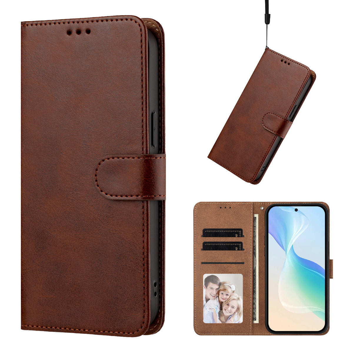 For iPhone 16 Case Wallet Flip Stand PU Leather Phone Cover with Wrist Strap