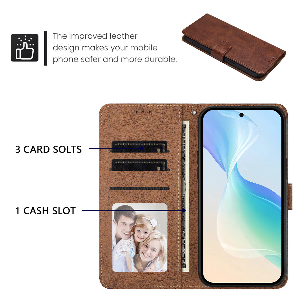 For iPhone 16 Case Wallet Flip Stand PU Leather Phone Cover with Wrist Strap