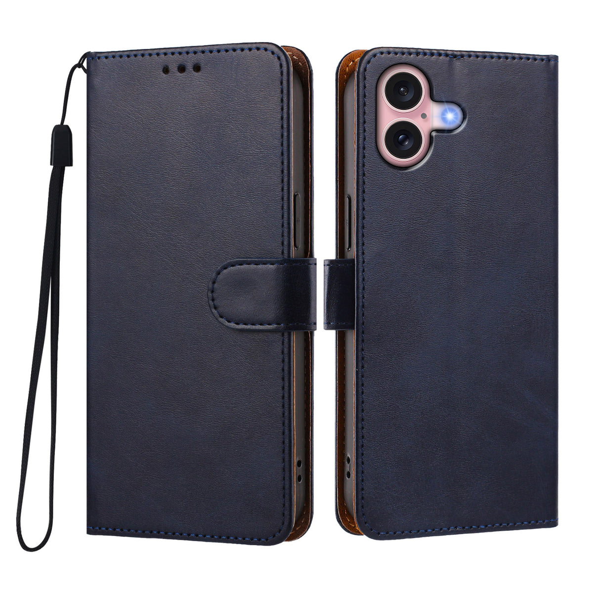 For iPhone 16 Case Wallet Flip Stand PU Leather Phone Cover with Wrist Strap