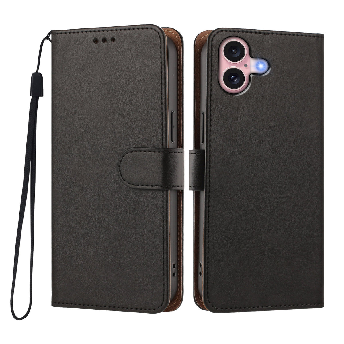 For iPhone 16 Case Wallet Flip Stand PU Leather Phone Cover with Wrist Strap