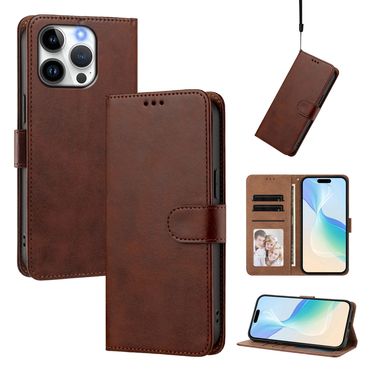 For iPhone 15 Pro Case Wallet Flip Stand PU Leather Phone Cover with Wrist Strap