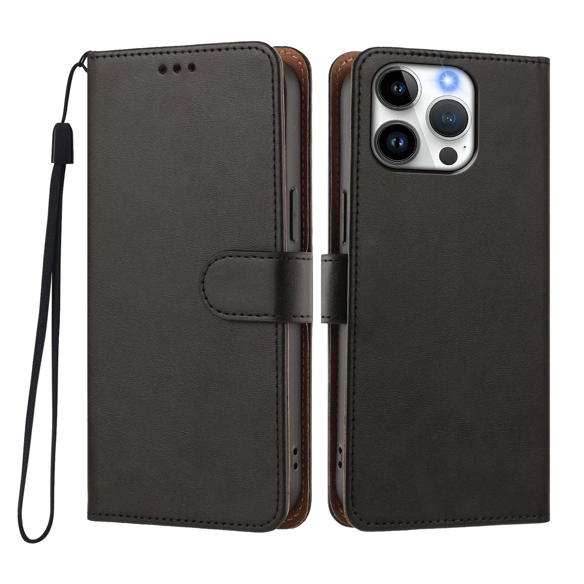 For iPhone 15 Pro Case Wallet Flip Stand PU Leather Phone Cover with Wrist Strap