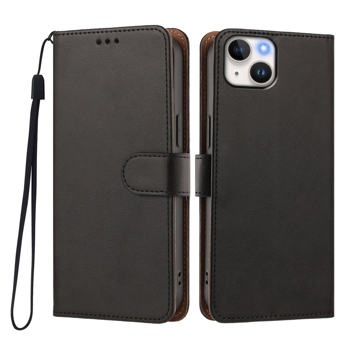 For iPhone 15 Case Wallet Flip Stand PU Leather Phone Cover with Wrist Strap