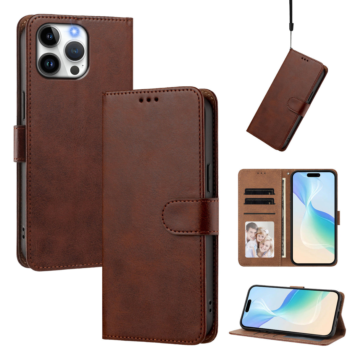 For iPhone 16 Pro Max Case Wallet Flip Stand PU Leather Phone Cover with Wrist Strap