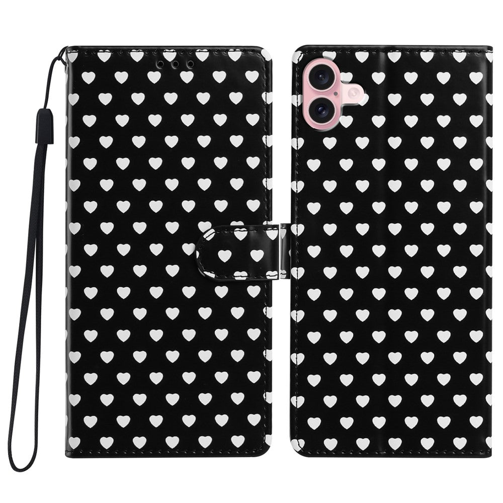 For iPhone 16 Case Heart Pattern PU Leather Flip Wallet Stand Phone Cover with Wrist Strap