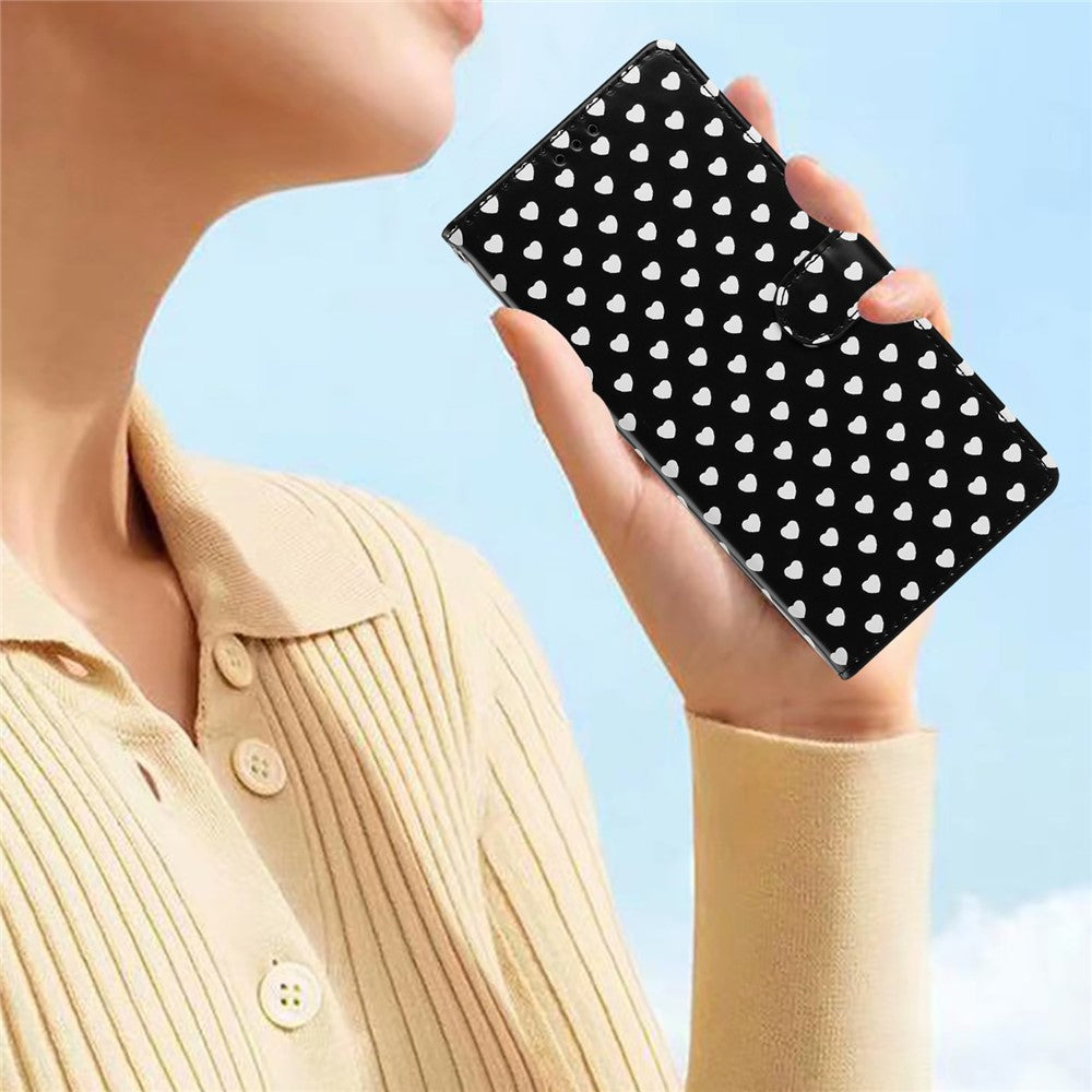For iPhone 16 Case Heart Pattern PU Leather Flip Wallet Stand Phone Cover with Wrist Strap