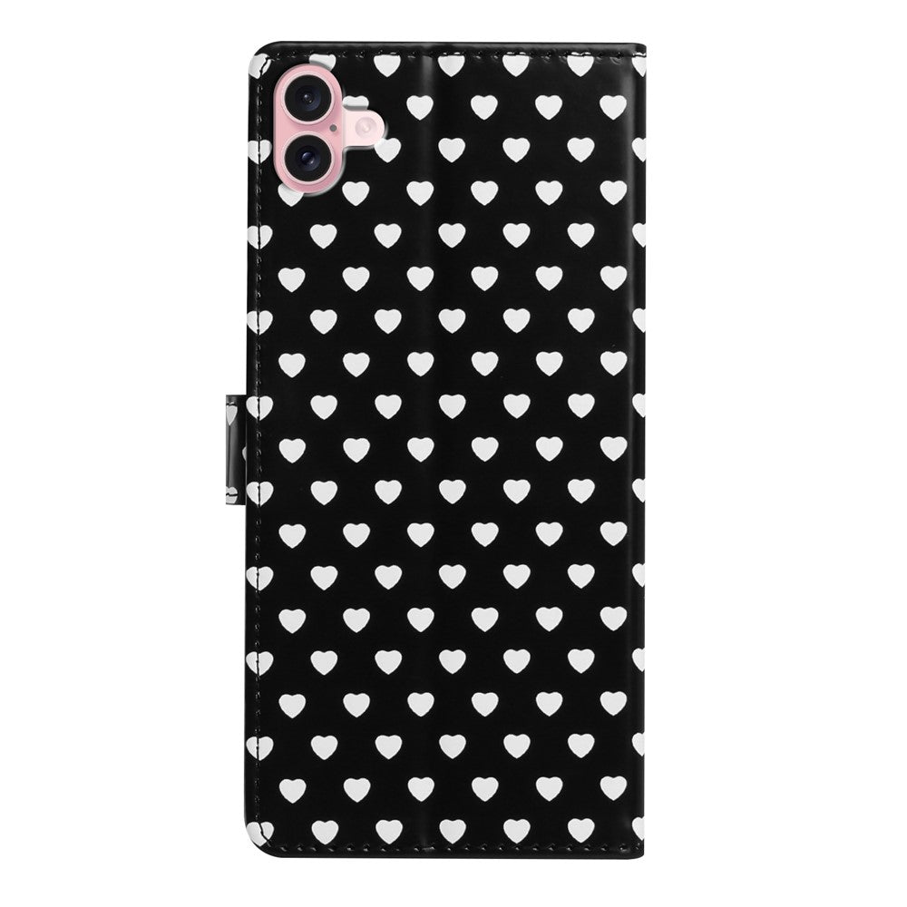 For iPhone 16 Case Heart Pattern PU Leather Flip Wallet Stand Phone Cover with Wrist Strap