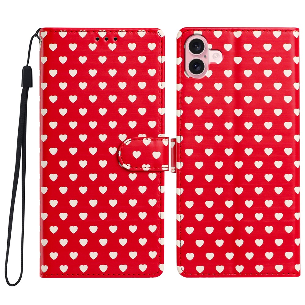 For iPhone 16 Case Heart Pattern PU Leather Flip Wallet Stand Phone Cover with Wrist Strap