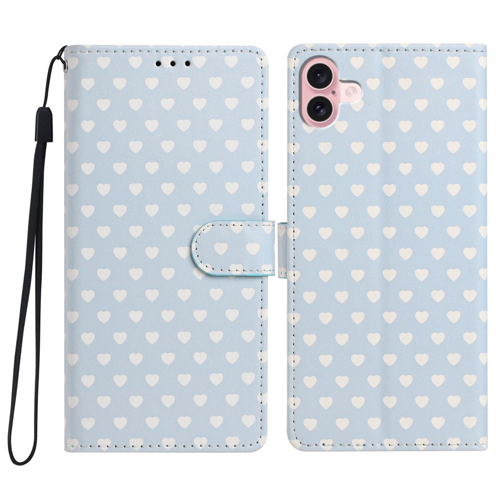 For iPhone 16 Case Heart Pattern PU Leather Flip Wallet Stand Phone Cover with Wrist Strap