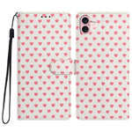 For iPhone 16 Case Heart Pattern PU Leather Flip Wallet Stand Phone Cover with Wrist Strap