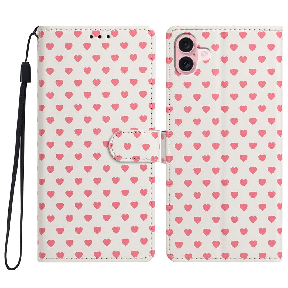 For iPhone 16 Case Heart Pattern PU Leather Flip Wallet Stand Phone Cover with Wrist Strap