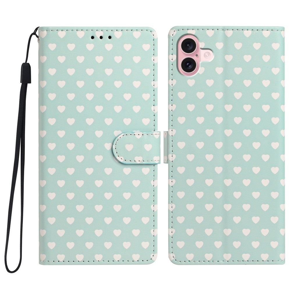 For iPhone 16 Case Heart Pattern PU Leather Flip Wallet Stand Phone Cover with Wrist Strap
