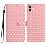 For iPhone 16 Case Heart Pattern PU Leather Flip Wallet Stand Phone Cover with Wrist Strap