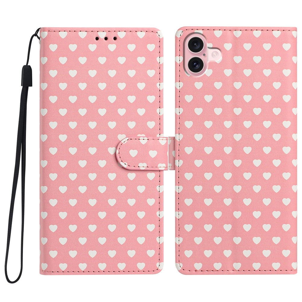 For iPhone 16 Case Heart Pattern PU Leather Flip Wallet Stand Phone Cover with Wrist Strap