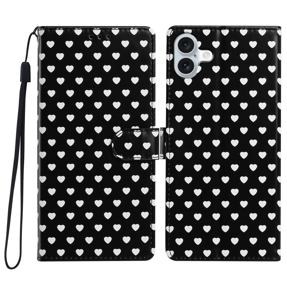 Til iPhone 16 Plus Cover Hjerte Mønster PU Læder Flip Tegnebog Stand Telefoncover med Håndrem