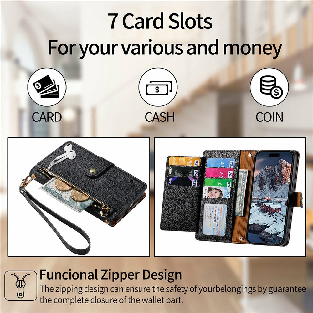 Phone Case For Motorola Moto G17 4G / G17 Power 4G / G15 4G / G15 Power 4G , RFID Blocking Zipper Pocket Leather Wallet Phone Cover with Strap