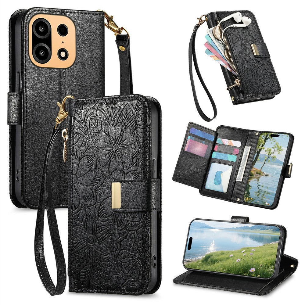 For OnePlus Turbo 6X Pro 5G Case Floral Leaf Pattern Multi Card Slots Zipper Leather Phone Cover with Wrist Strap