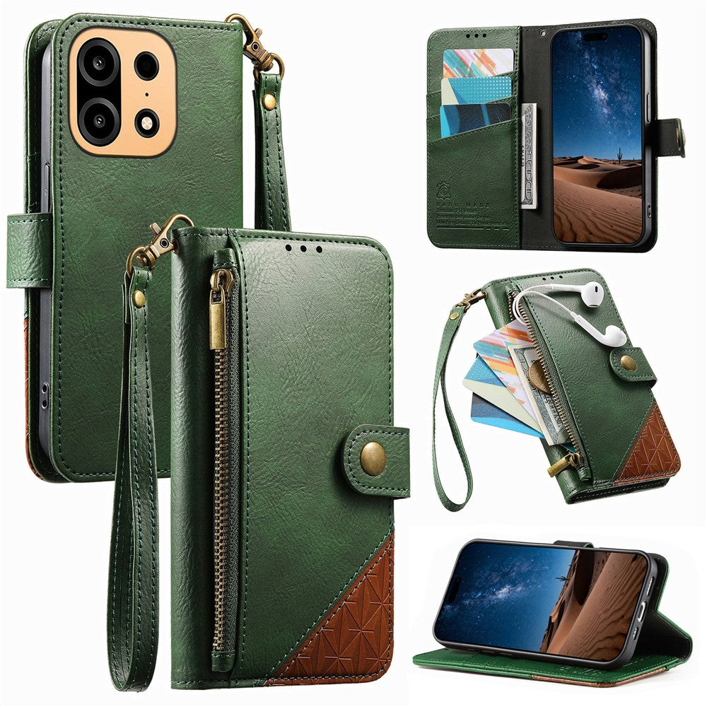 For OnePlus Turbo 6X Pro 5G Case Color Splicing PU Leather Flip Shockproof Phone Cover with Wrist Strap