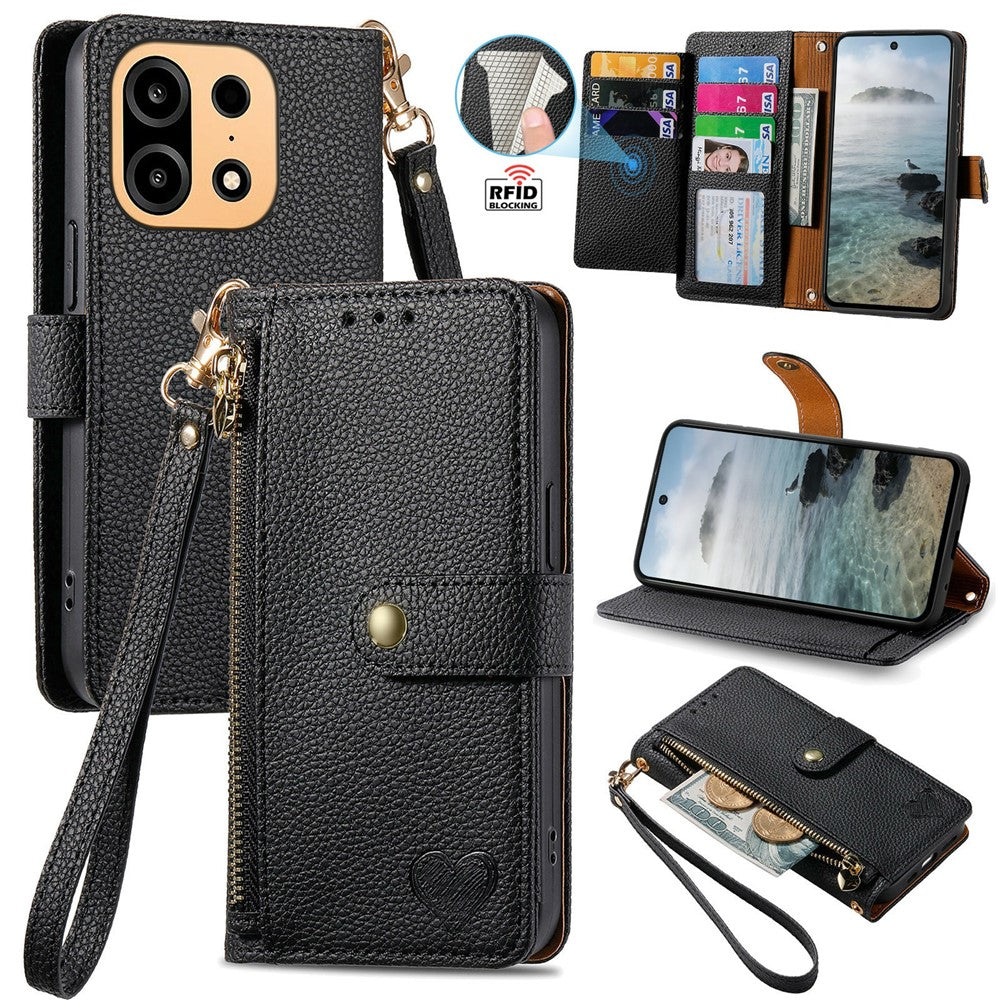 For OnePlus Turbo 6X Pro 5G Case RFID Blocking Zipper Pocket Leather Wallet Phone Cover with Strap