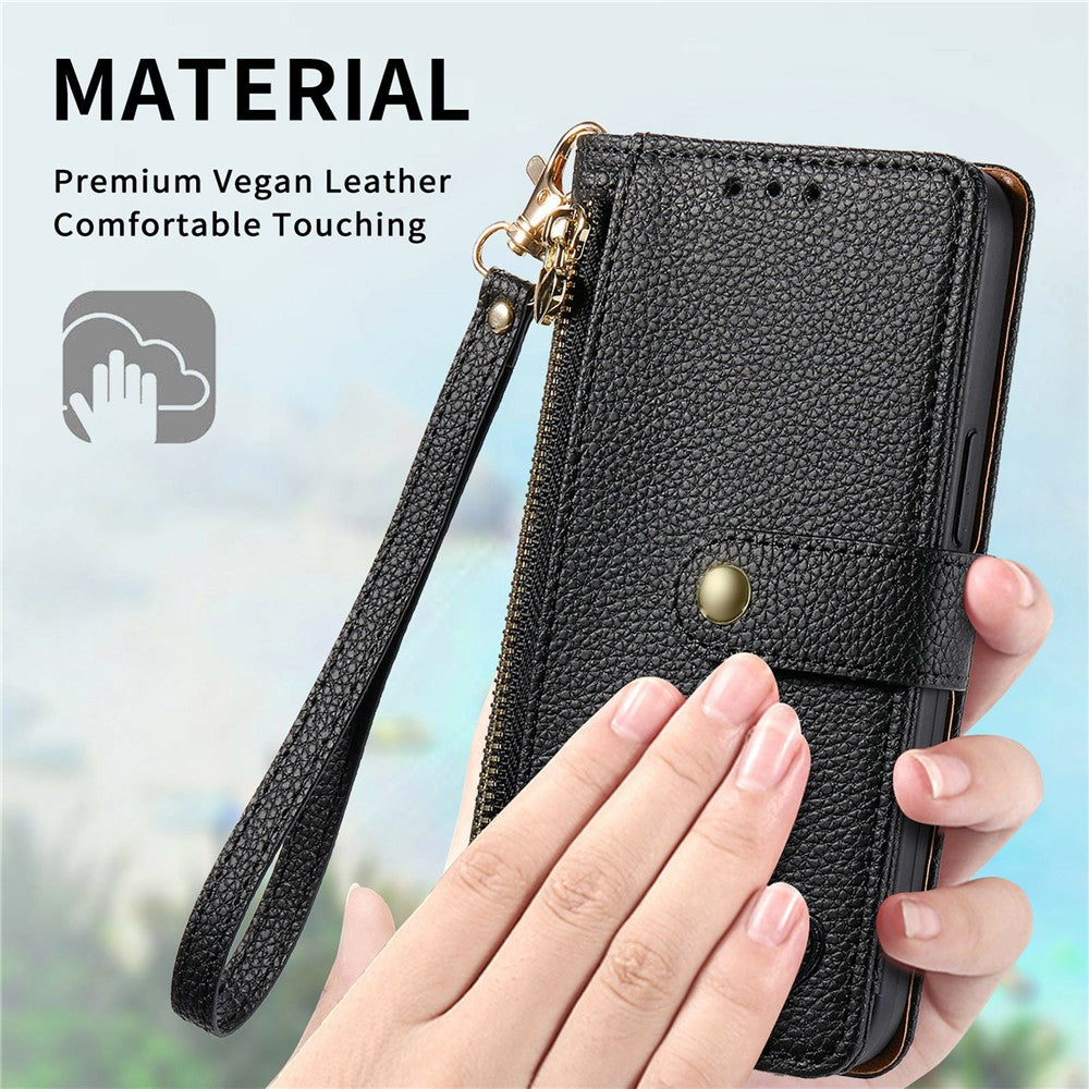 For OnePlus Turbo 6X Pro 5G Case RFID Blocking Zipper Pocket Leather Wallet Phone Cover with Strap