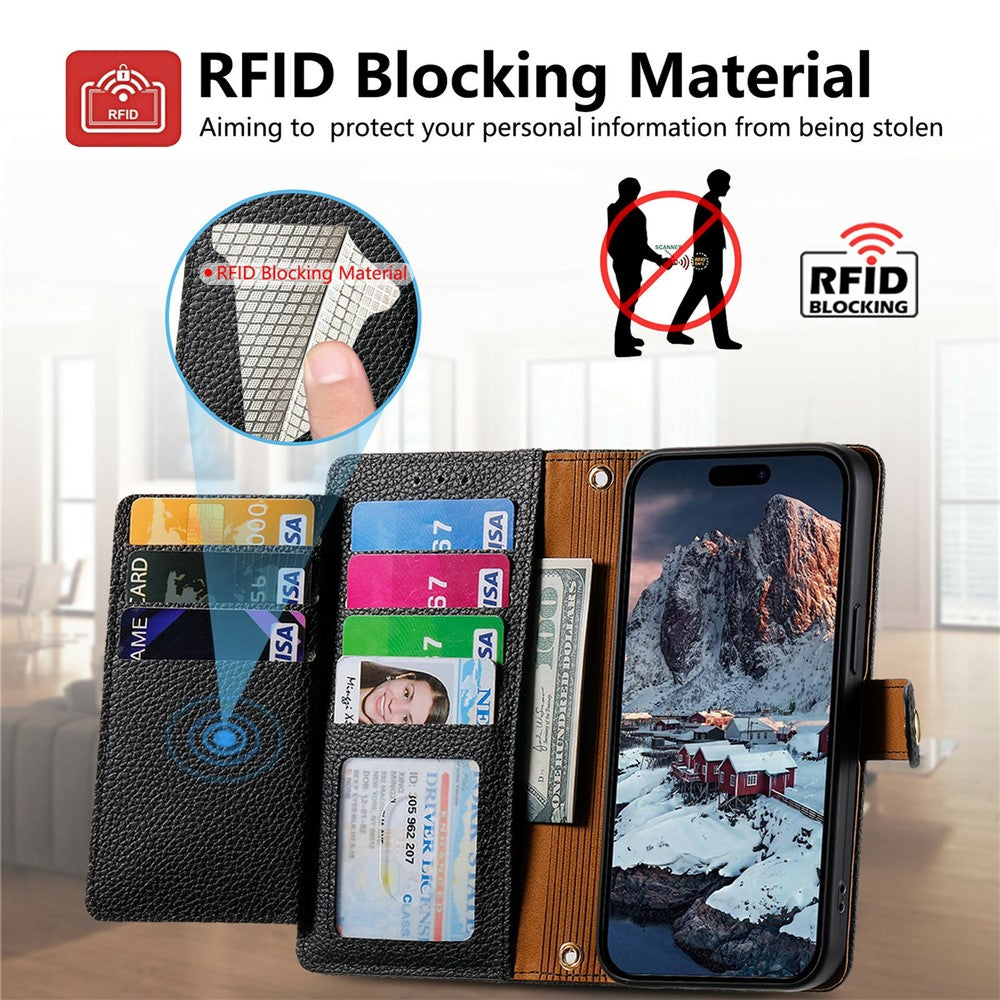 For OnePlus Turbo 6X Pro 5G Case RFID Blocking Zipper Pocket Leather Wallet Phone Cover with Strap